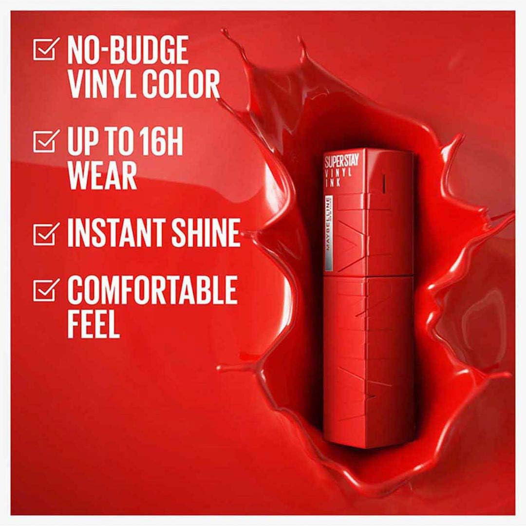 Maybelline New York - SuperStay Vinyl Ink Lipstick - 15 Peachy - Rood - Langhoudende Lippenstift - 4,2 ml - Blijft tot 16 uur lang zitten - Schudden voor 5 seconden voor gebruik