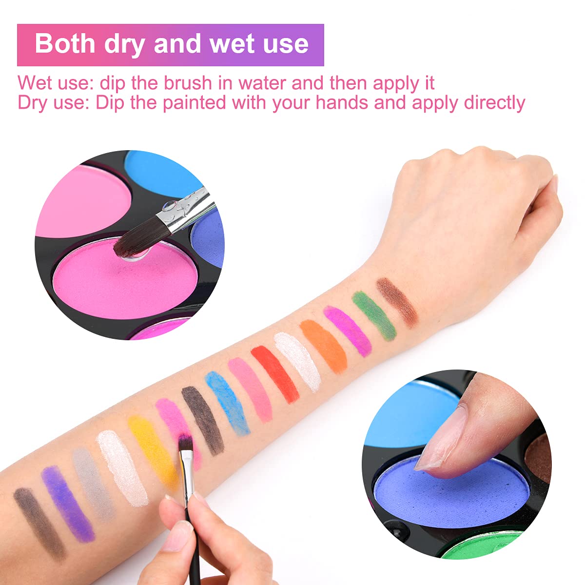 URAQT schminkset, 15 kleuren schminkpalet met 2 borstels 32 stencils, wasbare gezichtsverf Veilige lichaamsverf voor volwassenen Kinderen Halloweenfeest Carnaval, make-upverf niet giftig in gebruik