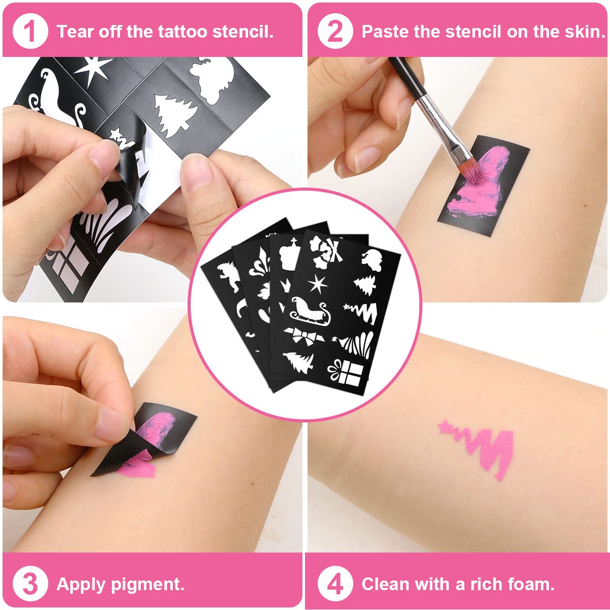 URAQT schminkset, 15 kleuren schminkpalet met 2 borstels 32 stencils, wasbare gezichtsverf Veilige lichaamsverf voor volwassenen Kinderen Halloweenfeest Carnaval, make-upverf niet giftig in gebruik