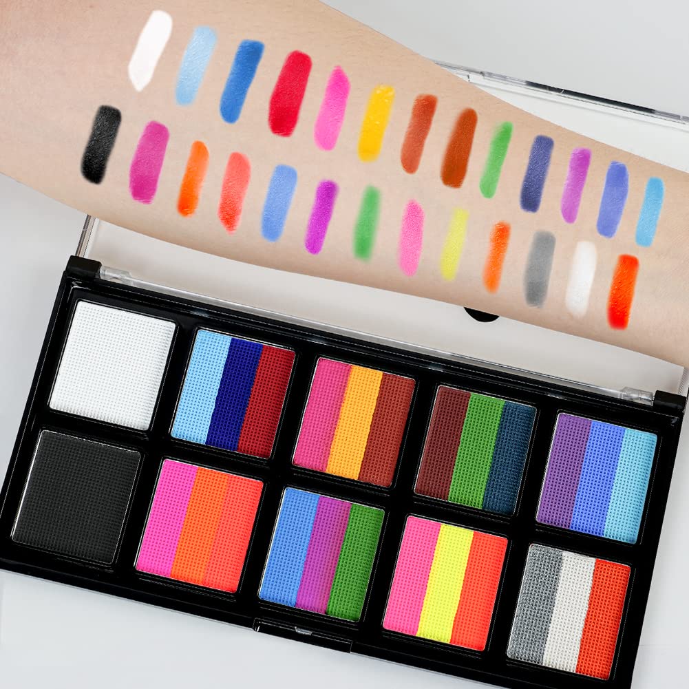 LOPHE Face Body Painting Kit, 26 kleuren Rainbow Body Paint voor kinderen Volwassenen, Veilig en niet-giftig Split Cake Face Paint-palet op waterbasis met 2 borstels, Party-make-upset voor Halloween Kerst Cosplay
