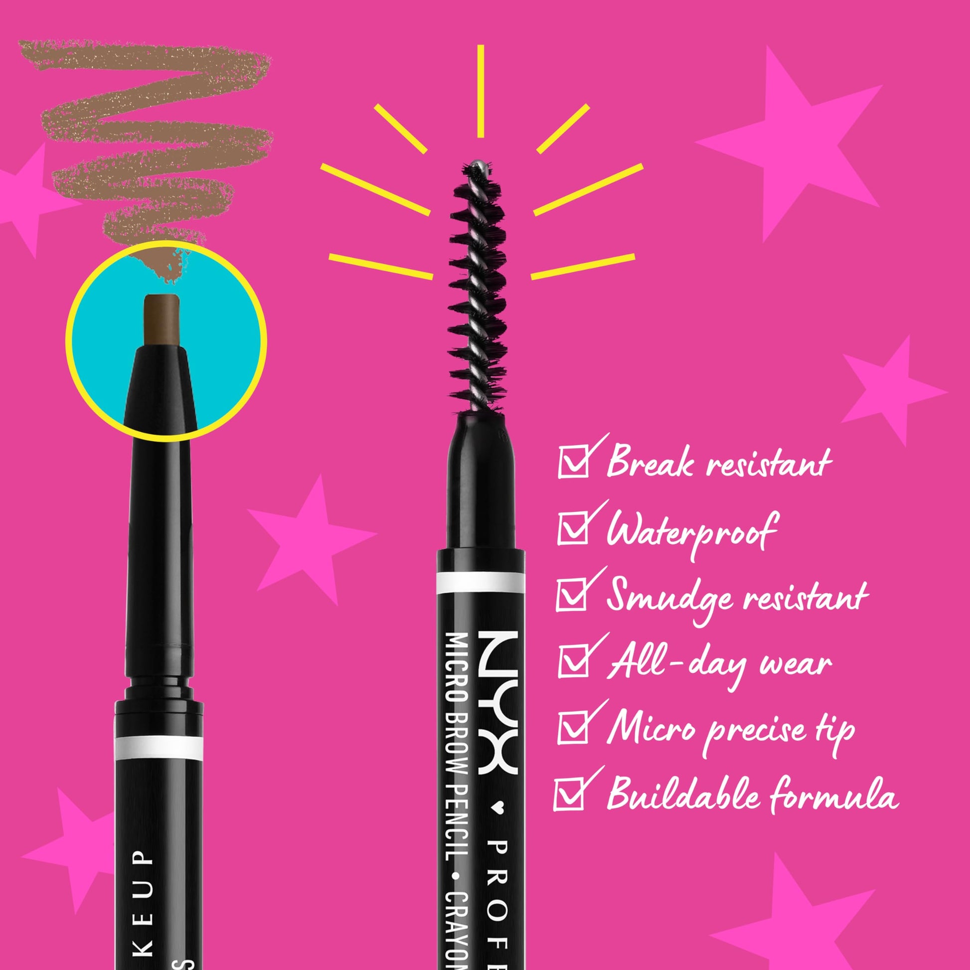 NYX Professional Makeup Wenkbrauwpotlood, Micro Brow Pencil, dubbelzijdig met uitdraaibaar wenkbrauwpotlood en borsteltje, veganistische formule. Kleur: Brunette, 0,5 g (1 stuk)
