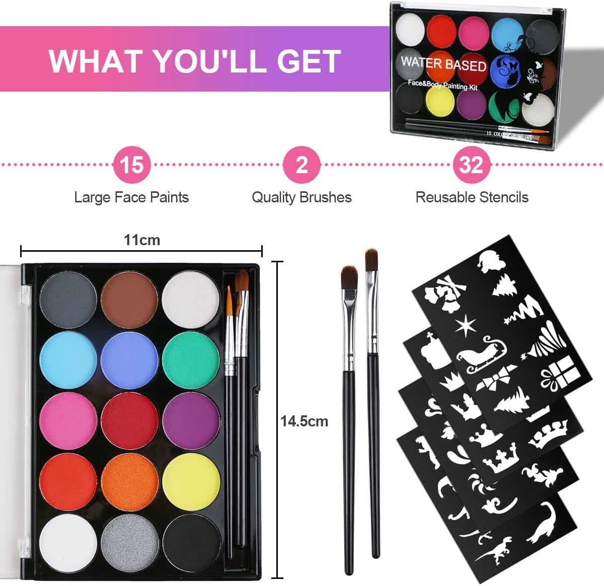 URAQT schminkset, 15 kleuren schminkpalet met 2 borstels 32 stencils, wasbare gezichtsverf Veilige lichaamsverf voor volwassenen Kinderen Halloweenfeest Carnaval, make-upverf niet giftig in gebruik