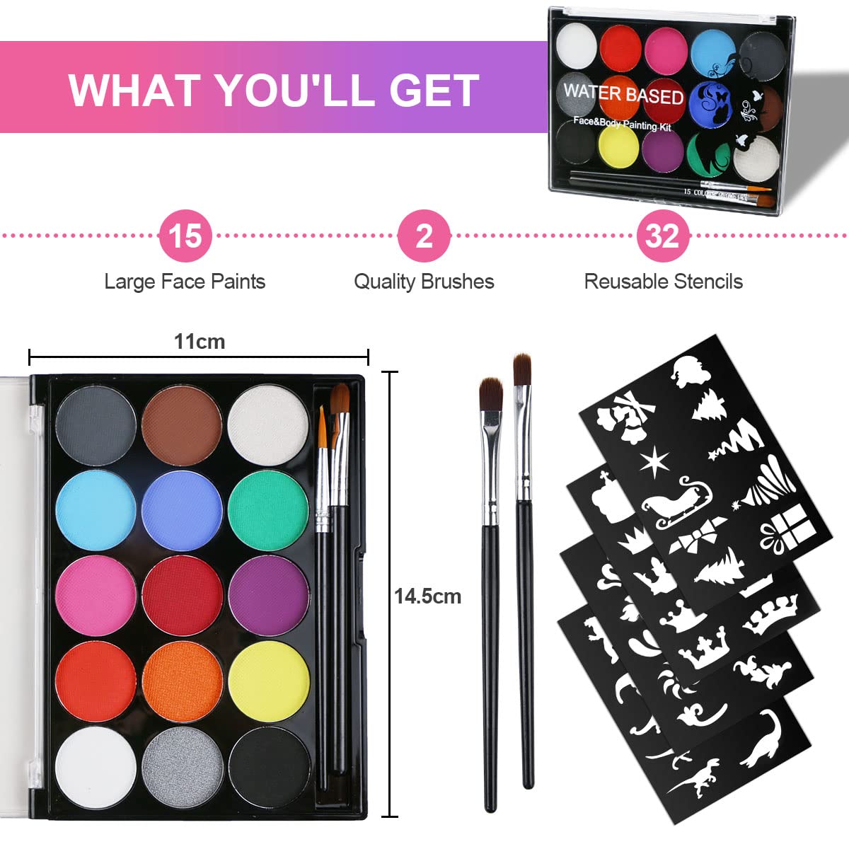 URAQT schminkset, 15 kleuren schminkpalet met 2 borstels 32 stencils, wasbare gezichtsverf Veilige lichaamsverf voor volwassenen Kinderen Halloweenfeest Carnaval, make-upverf niet giftig in gebruik