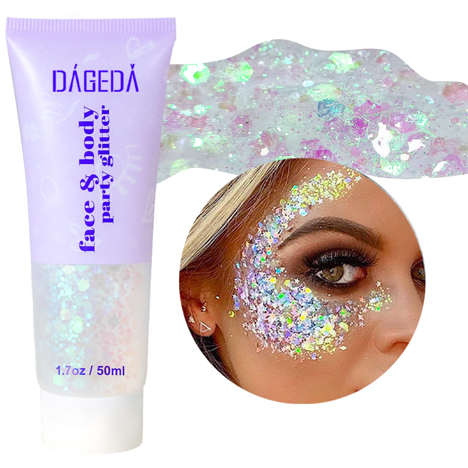 Prreal Body Glitter Gel 50ml, Mermaid Sequins Chunky Glitter Liquid Kit, Long-Lasting Glitters Powder for Festival Masquerade Birthday Makeup#White
