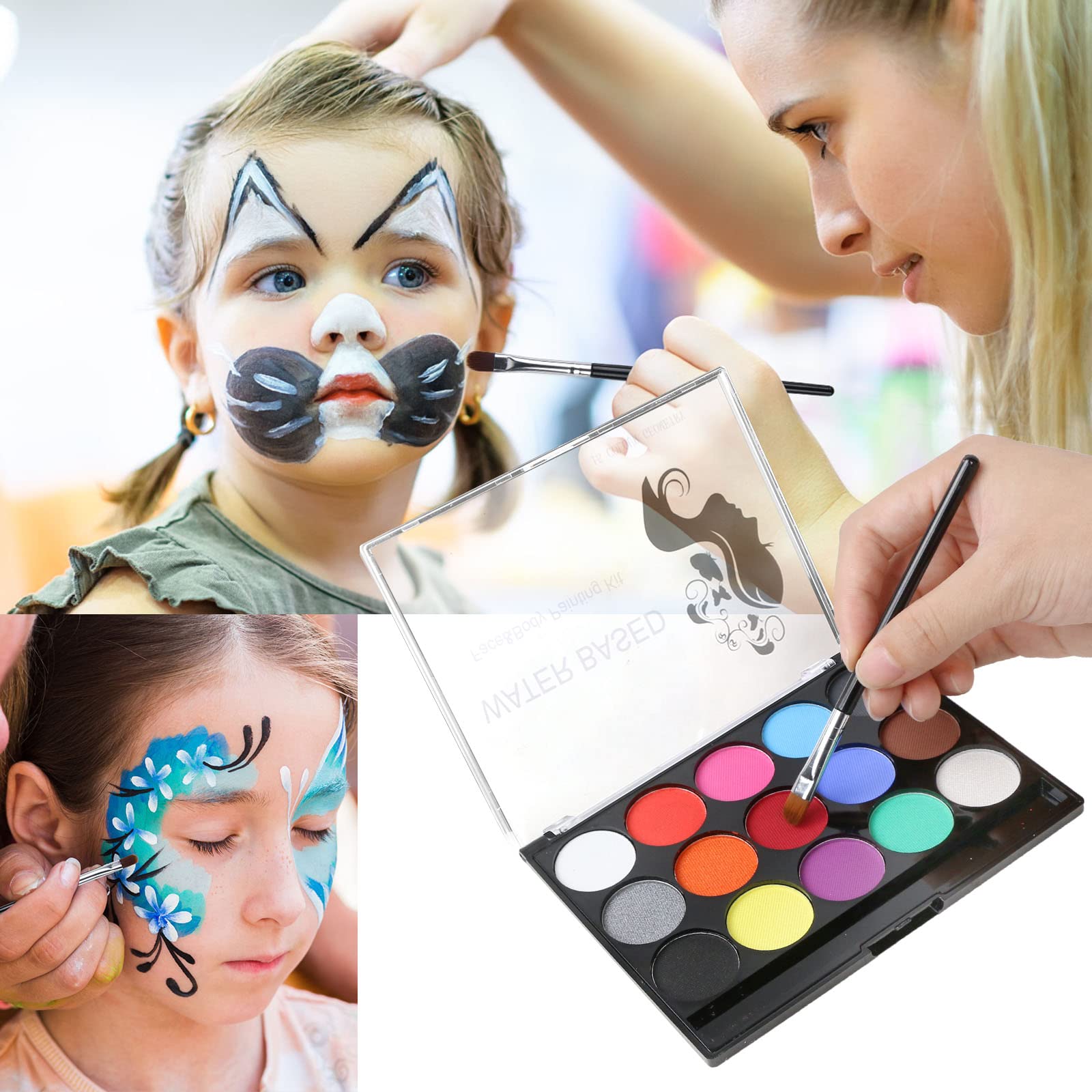 URAQT schminkset, 15 kleuren schminkpalet met 2 borstels 32 stencils, wasbare gezichtsverf Veilige lichaamsverf voor volwassenen Kinderen Halloweenfeest Carnaval, make-upverf niet giftig in gebruik