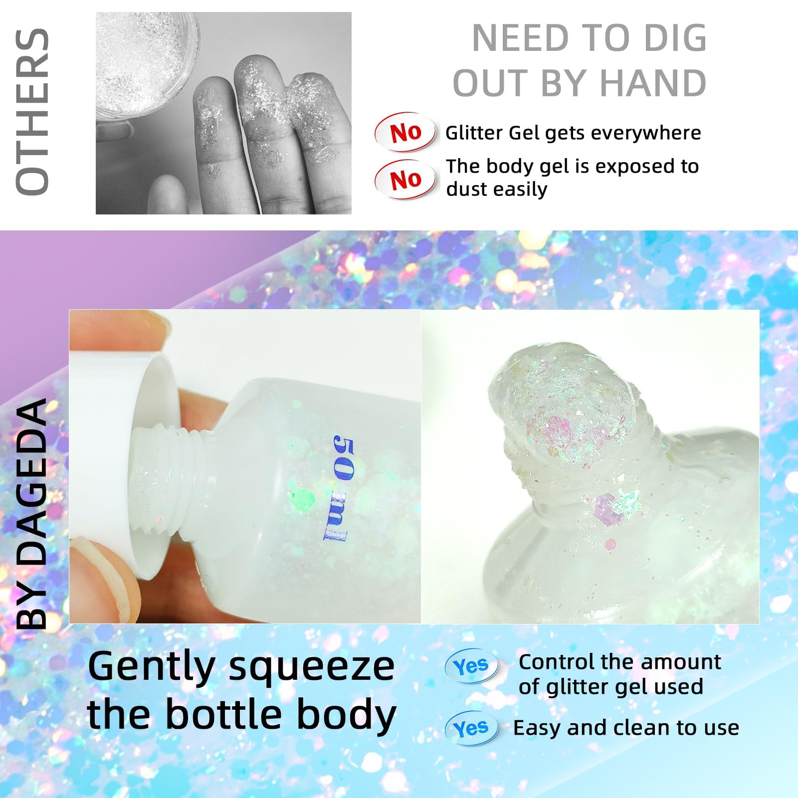 Prreal Body Glitter Gel 50ml, Mermaid Sequins Chunky Glitter Liquid Kit, Long-Lasting Glitters Powder for Festival Masquerade Birthday Makeup#White