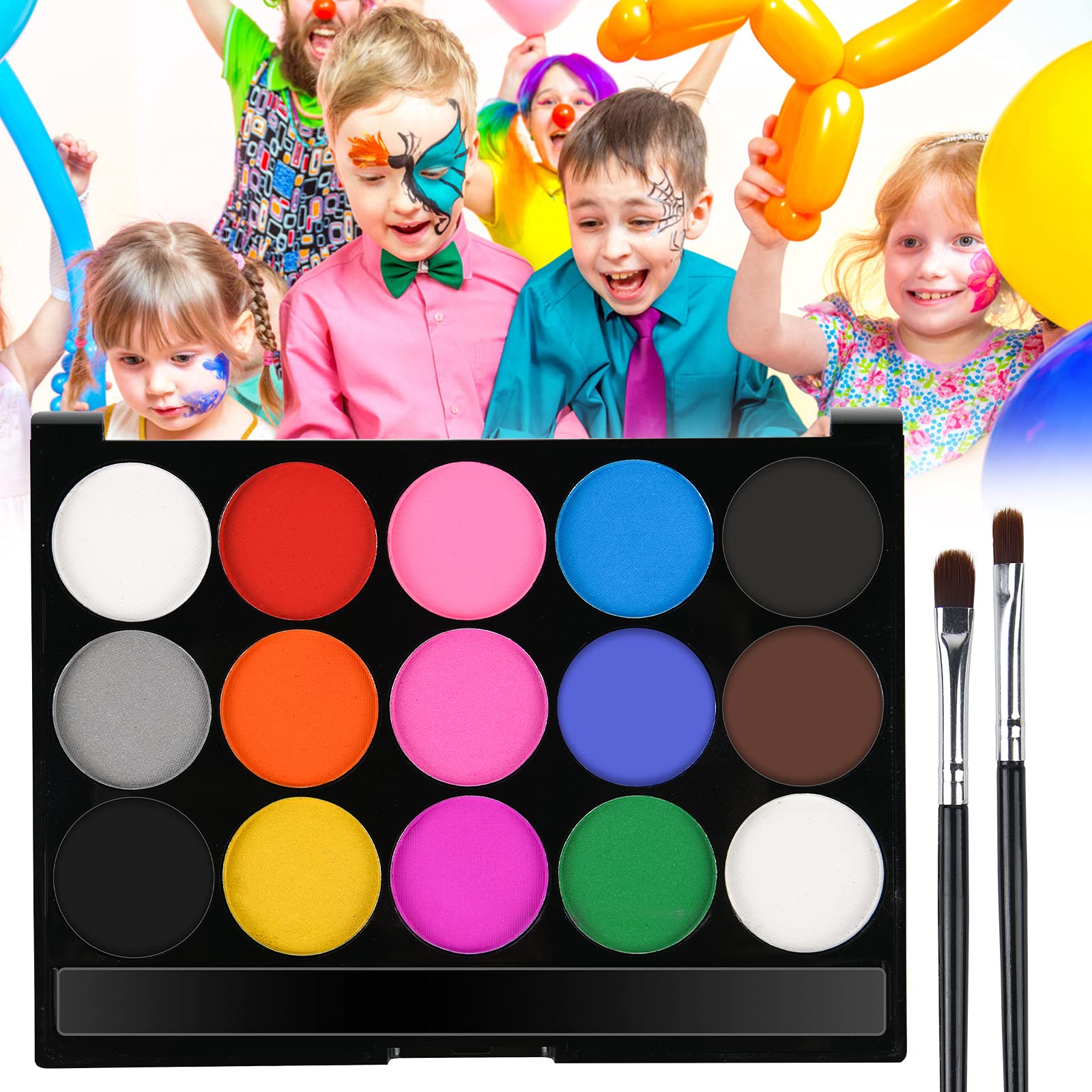 URAQT schminkset, 15 kleuren schminkpalet met 2 borstels 32 stencils, wasbare gezichtsverf Veilige lichaamsverf voor volwassenen Kinderen Halloweenfeest Carnaval, make-upverf niet giftig in gebruik