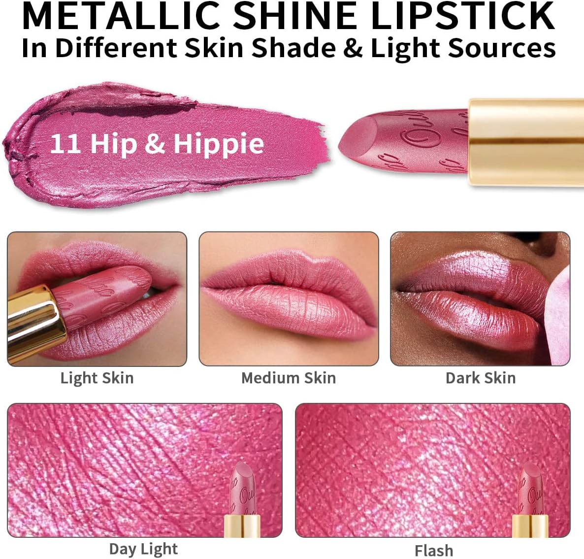 OULAC Metallic Lustrous Lippenstift,Met Matglanzende Finish,Geen Korrelige Lippenstift Met,Lang Houdende,Glitter, Gemakkelijk te Kleuren,Hydratatie en Waterdicht,4.3g (11)