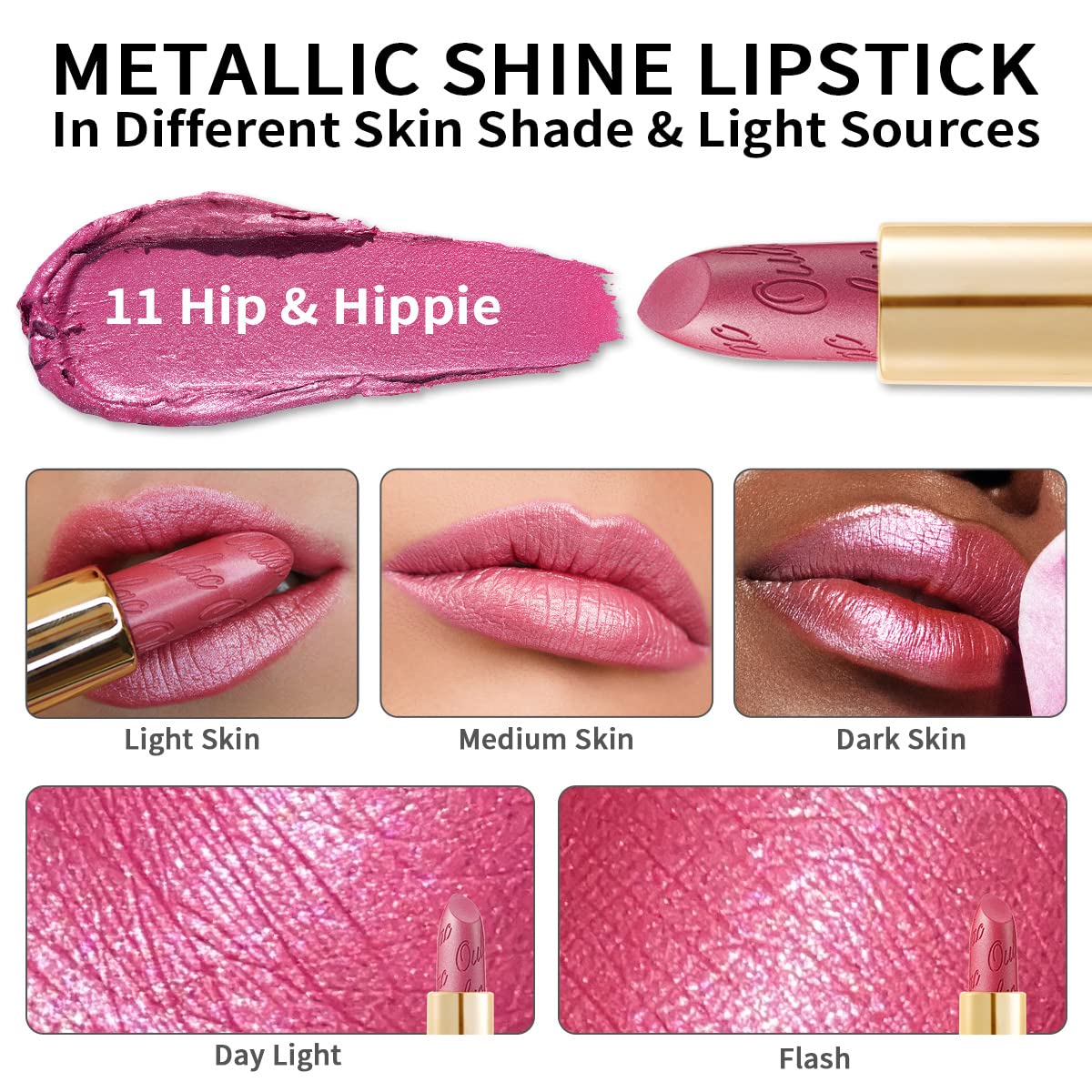 OULAC Metallic Lustrous Lippenstift,Met Matglanzende Finish,Geen Korrelige Lippenstift Met,Lang Houdende,Glitter, Gemakkelijk te Kleuren,Hydratatie en Waterdicht,4.3g (11)