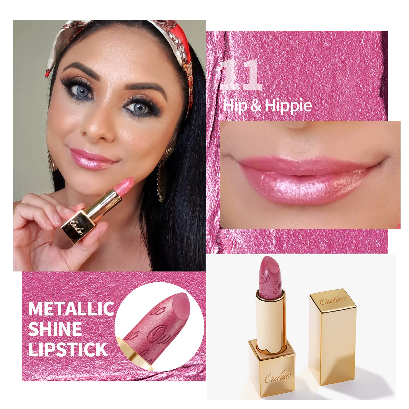 OULAC Metallic Lustrous Lippenstift,Met Matglanzende Finish,Geen Korrelige Lippenstift Met,Lang Houdende,Glitter, Gemakkelijk te Kleuren,Hydratatie en Waterdicht,4.3g (11)