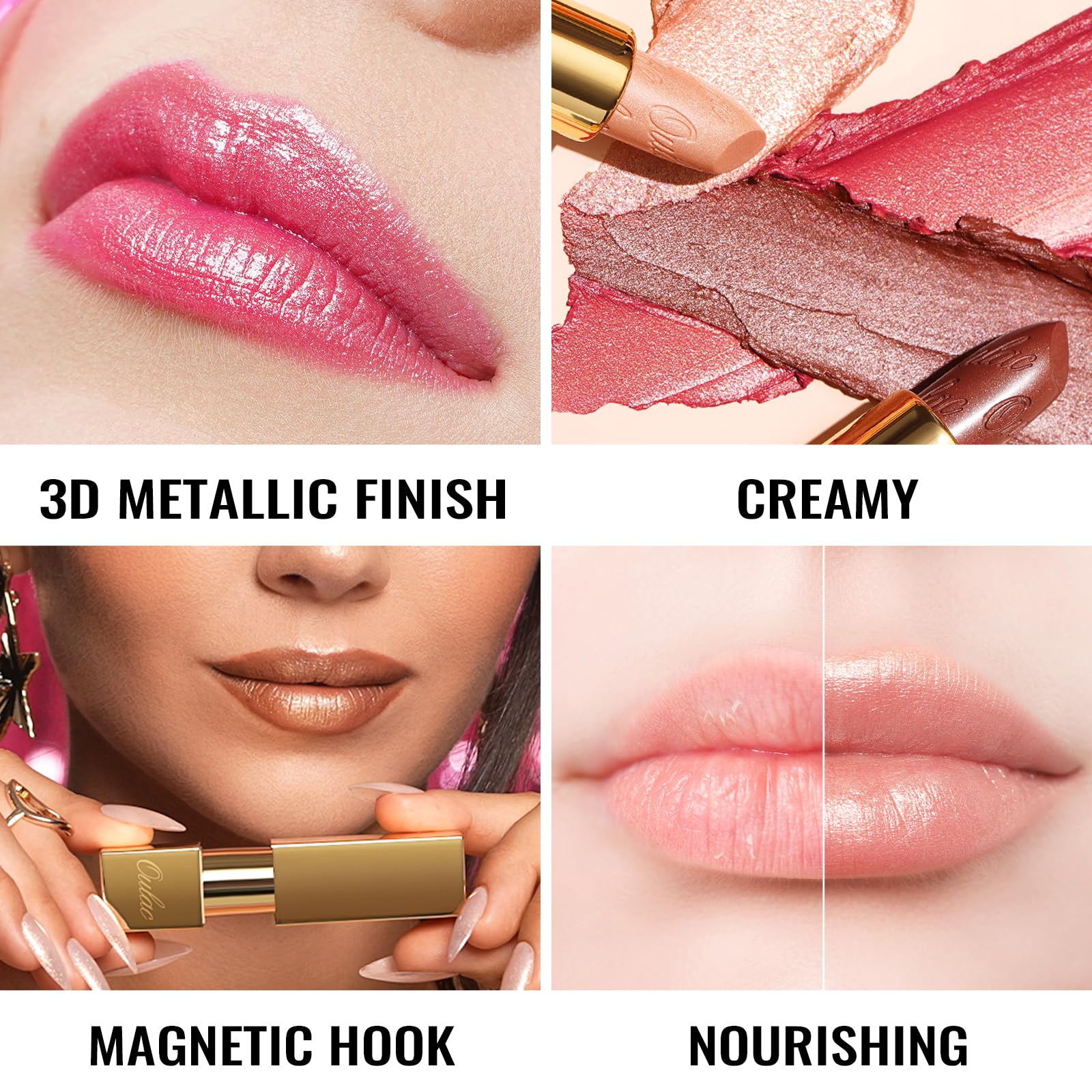 OULAC Metallic Lustrous Lippenstift,Met Matglanzende Finish,Geen Korrelige Lippenstift Met,Lang Houdende,Glitter, Gemakkelijk te Kleuren,Hydratatie en Waterdicht,4.3g (11)