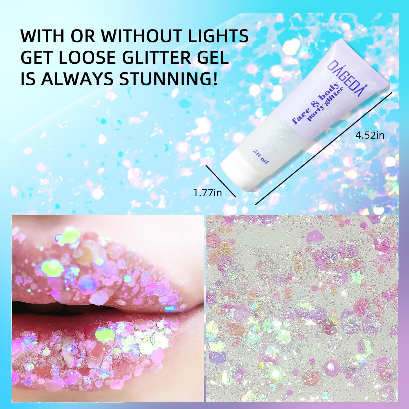 Prreal Body Glitter Gel 50ml, Mermaid Sequins Chunky Glitter Liquid Kit, Long-Lasting Glitters Powder for Festival Masquerade Birthday Makeup#White