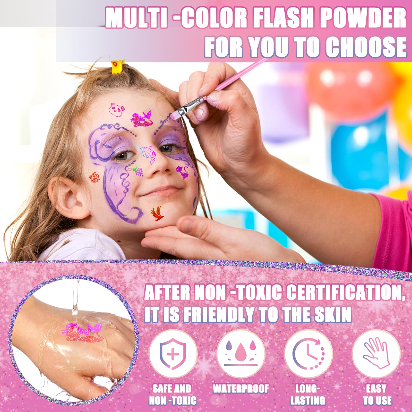 Frasheng Glitter Tattoo Set Meisjes, Tijdelijke Tattoo Kit voor Kinderen, Glitter Tattoo Set Kinderen, 42 Glitterpoeder, 136 Stencils, 218 Strass-steentjes, 40 Lichtgevende Kinder Tattoo Stickers