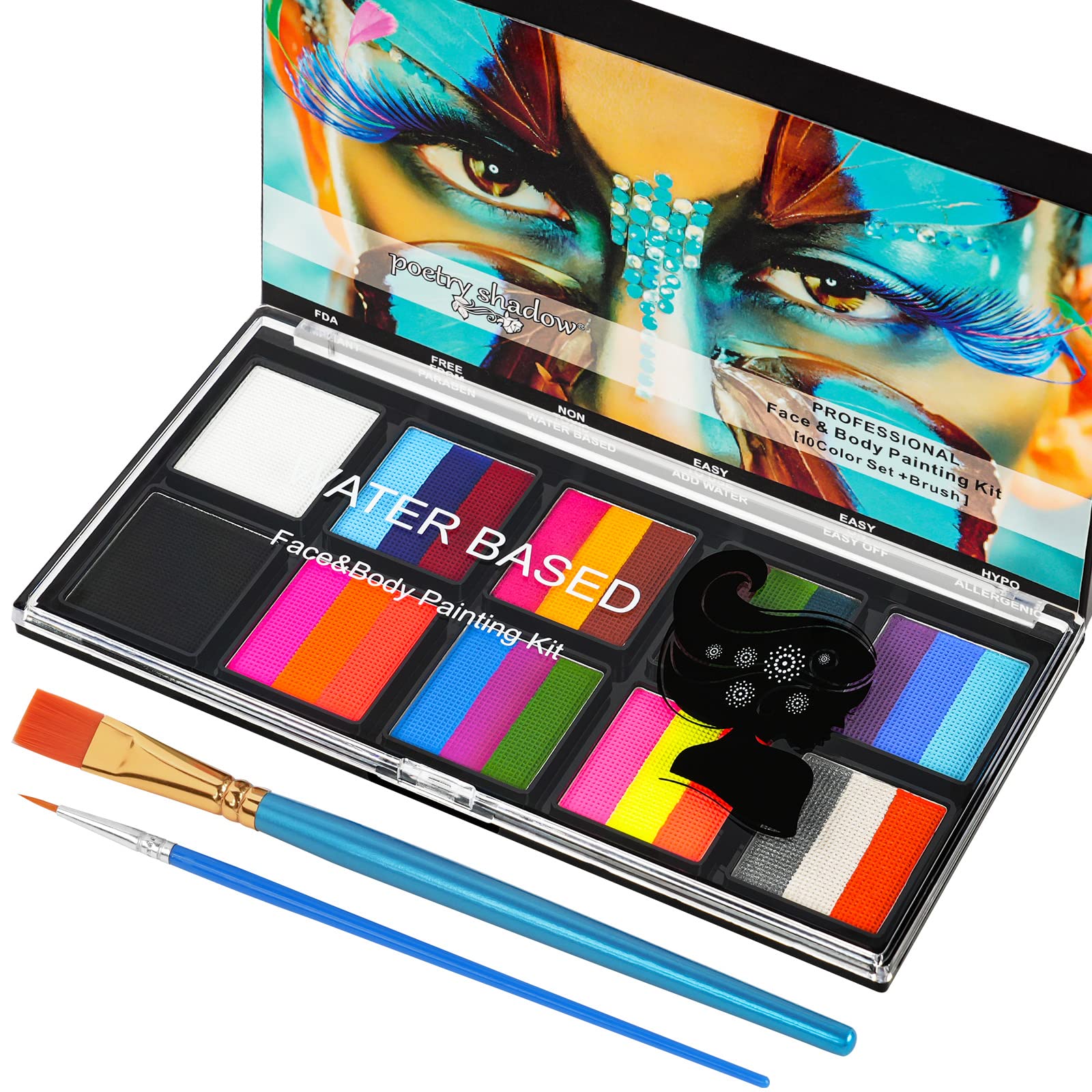 LOPHE Face Body Painting Kit, 26 kleuren Rainbow Body Paint voor kinderen Volwassenen, Veilig en niet-giftig Split Cake Face Paint-palet op waterbasis met 2 borstels, Party-make-upset voor Halloween Kerst Cosplay