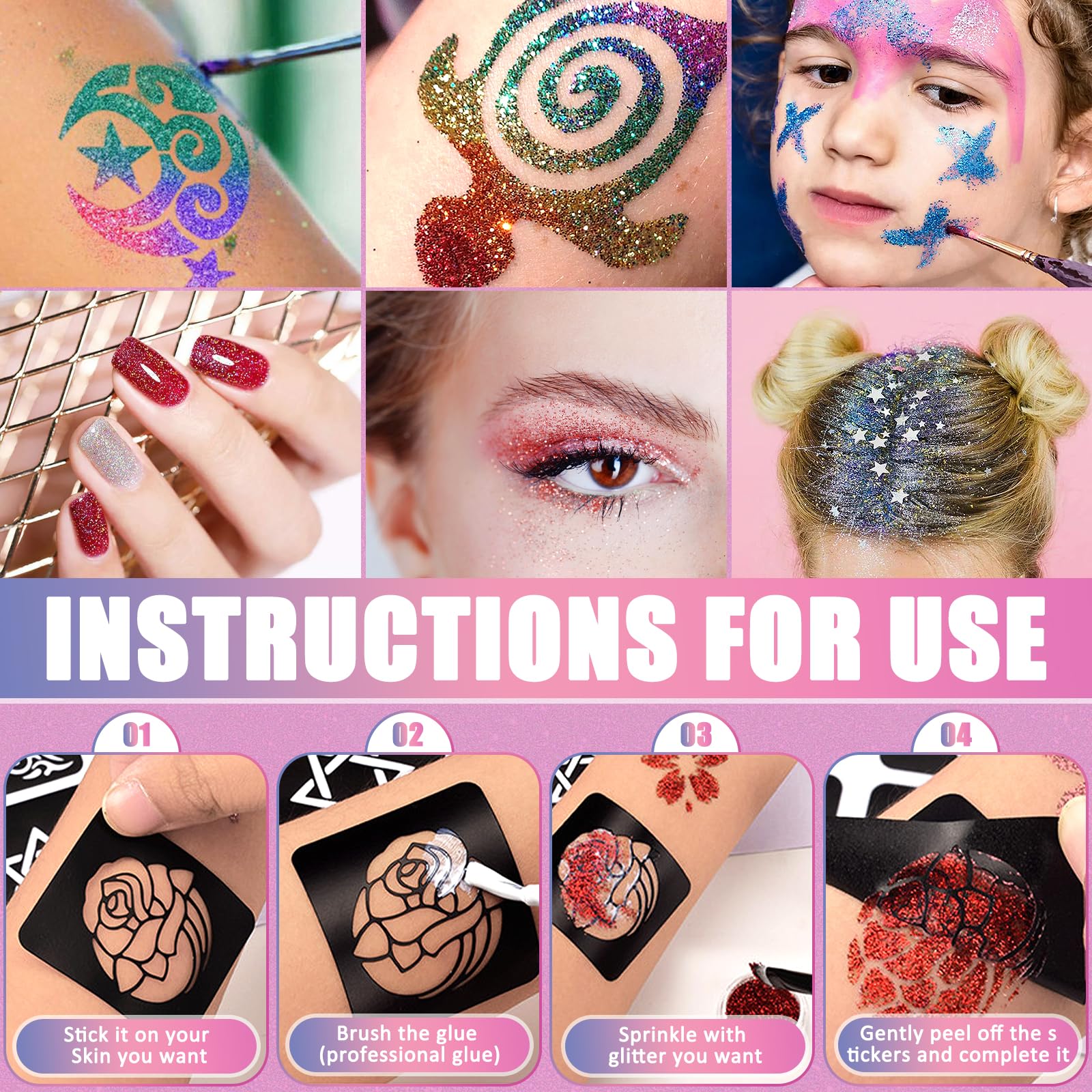 Frasheng Glitter Tattoo Set Meisjes, Tijdelijke Tattoo Kit voor Kinderen, Glitter Tattoo Set Kinderen, 42 Glitterpoeder, 136 Stencils, 218 Strass-steentjes, 40 Lichtgevende Kinder Tattoo Stickers