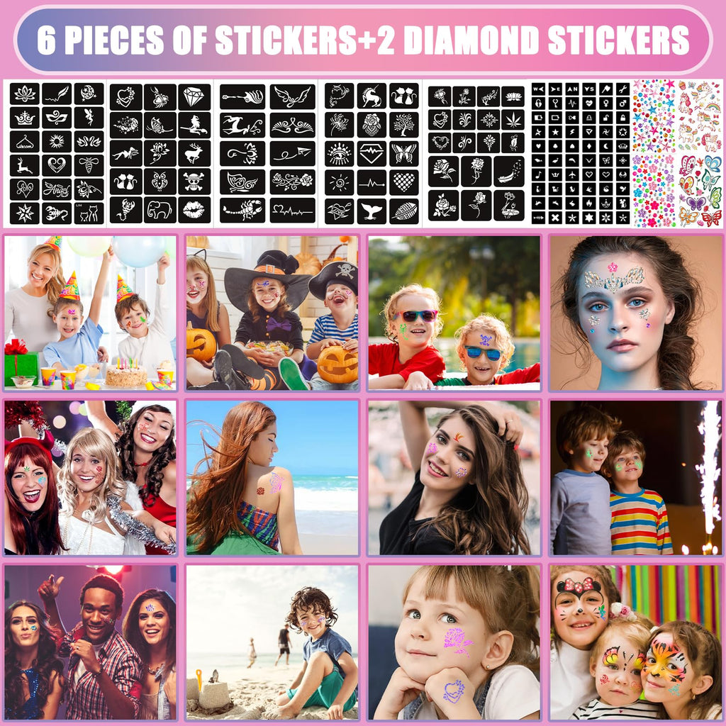 Frasheng Glitter Tattoo Set Meisjes, Tijdelijke Tattoo Kit voor Kinderen, Glitter Tattoo Set Kinderen, 42 Glitterpoeder, 136 Stencils, 218 Strass-steentjes, 40 Lichtgevende Kinder Tattoo Stickers