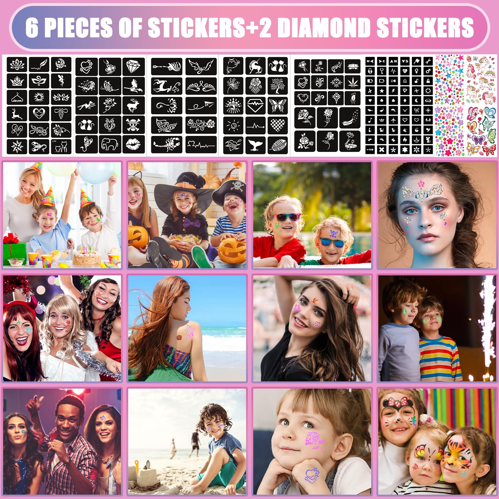 Frasheng Glitter Tattoo Set Meisjes, Tijdelijke Tattoo Kit voor Kinderen, Glitter Tattoo Set Kinderen, 42 Glitterpoeder, 136 Stencils, 218 Strass-steentjes, 40 Lichtgevende Kinder Tattoo Stickers