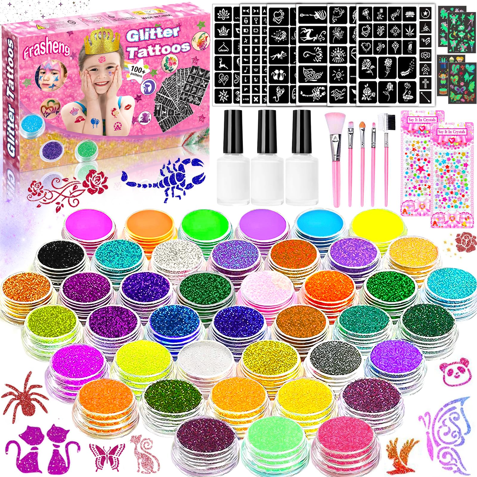 Frasheng Glitter Tattoo Set Meisjes, Tijdelijke Tattoo Kit voor Kinderen, Glitter Tattoo Set Kinderen, 42 Glitterpoeder, 136 Stencils, 218 Strass-steentjes, 40 Lichtgevende Kinder Tattoo Stickers